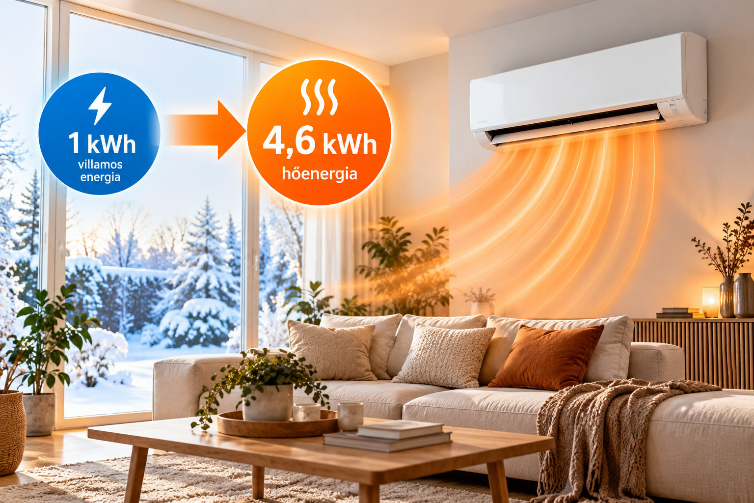 SCOP 4,6 energiahatékonyságú inverteres klíma fűtés közben, 1 kWh áram és 4,6 kWh hőenergia szemléltetése